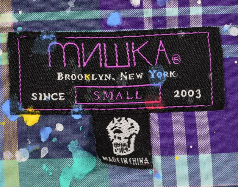 MNWKA Miska Men's Small Paint Splatter Purple Green Plaid Button-Front Shirt