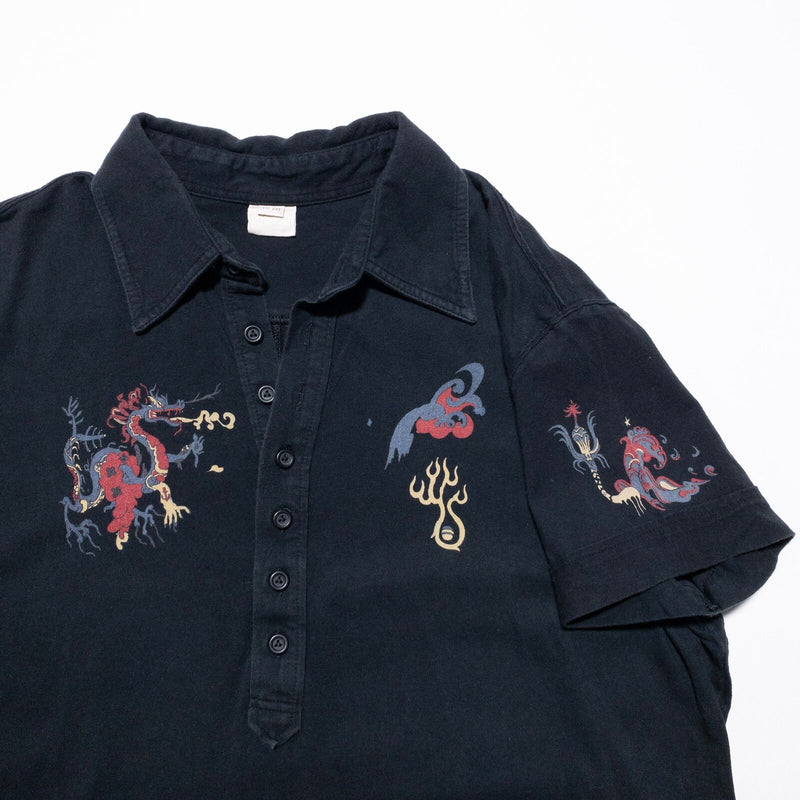 Diesel Polo Shirt Men's 2XL Black Dragon Illustration Short Sleeve Y2K Vintage