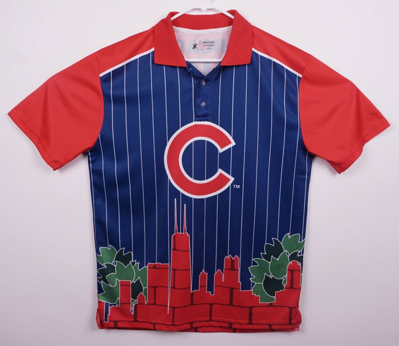 Chicago Cubs KLEW Men's Sz Large Skyline Blue Red Pinstripe Polo Shirt