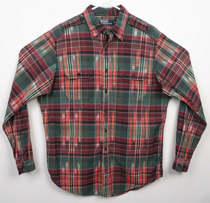 Polo Ralph Lauren Men's Large Green Red Plaid Aztec Safari Button-Front Shirt