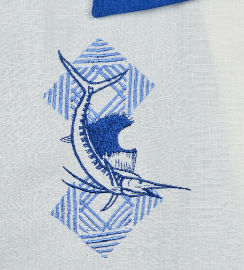 Guy Harvey Men's Sz 2XL Rayon Blend Embroidered Fishing Blue White Shirt