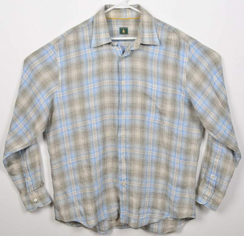 Robert Talbott Men's Large 100% Linen Gray Blue Plaid Button-Front Shirt