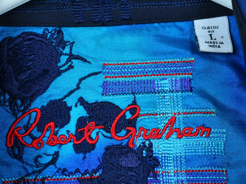 Robert Graham Men's Large Classic Fit Flip Cuff Embroidered Navy Designer Shirt