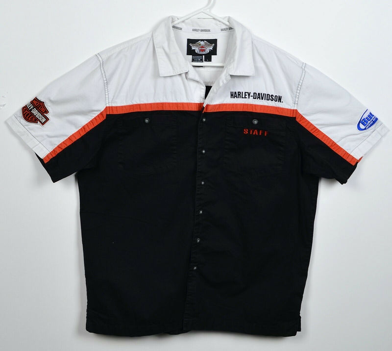 Harley-Davidson Staff Men's Large White Black Orange Buell Garage Mechanic Shirt