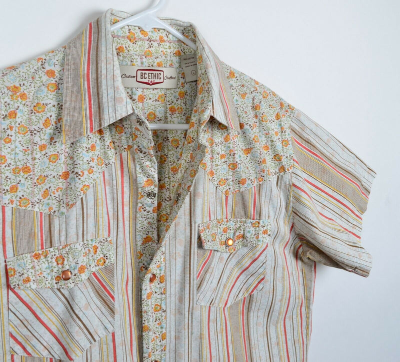 BC Ethic Men's Sz Large Pearl Snap Floral Striped Rockabilly Lounge Camp Shirt