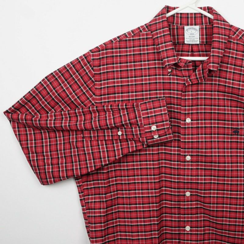 Brooks Brothers Men's Large Red Plaid Sheep Logo Non-Iron Button-Down Shirt