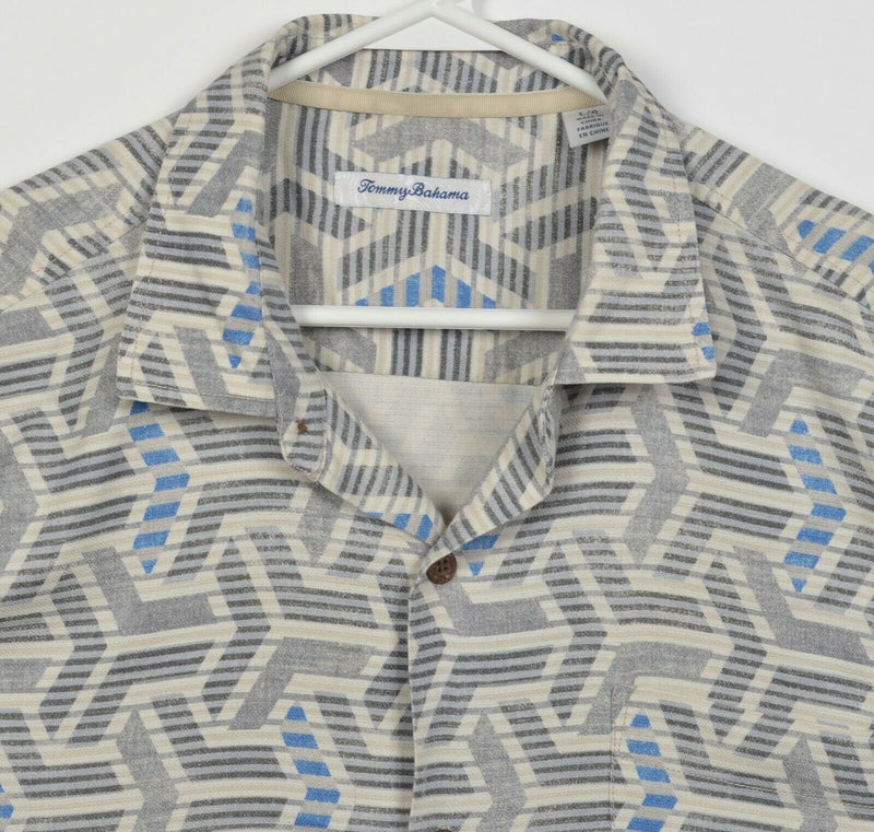 Tommy Bahama Men's Large Gray Geometric Stripes Silk Blend Hawaiian Shirt