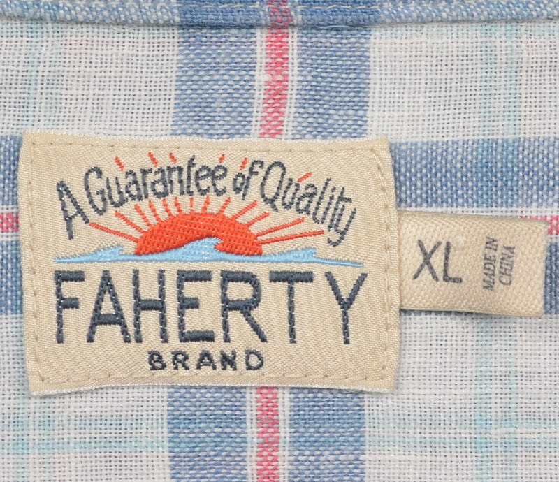 Faherty Men's XL 100% Linen Blue Red White Plaid Preppy Button-Front Shirt