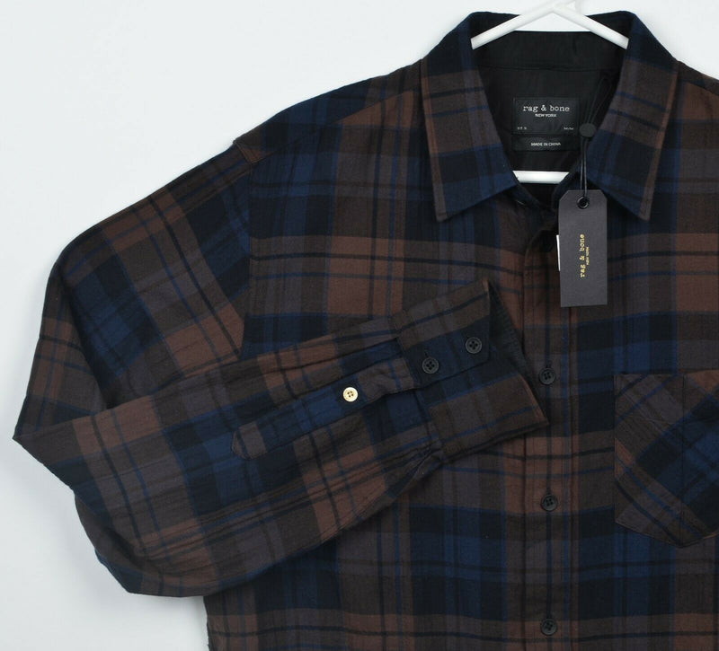 Rag & Bone Men’s Medium Brown Navy Blue Plaid Designer Button-Front Shirt