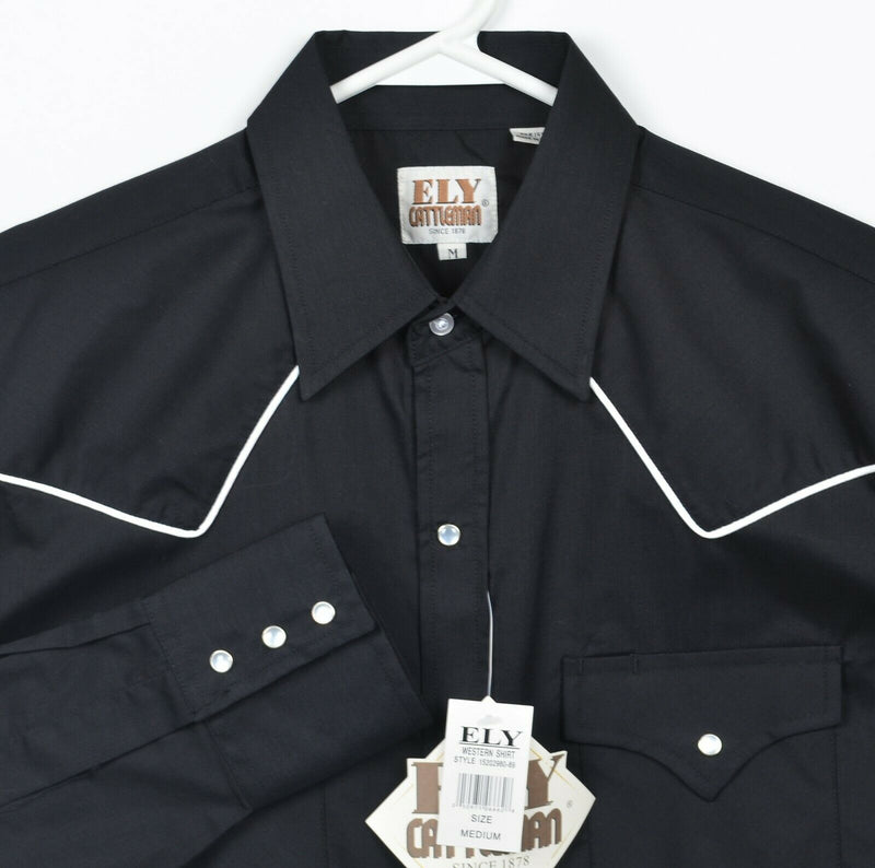 Ely Cattleman Men's Medium Pearl Snap Solid Black White Rope Western Shirt