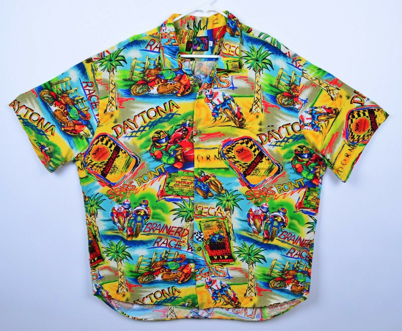 Vtg Jams World Men's Sz XL Race Track Rayon Motorcycle Daytona Hawaiian Shirt