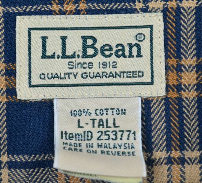 LL Bean Men's LT (Large Tall) Navy Blue Gold Plaid Flannel Button-Down Shirt