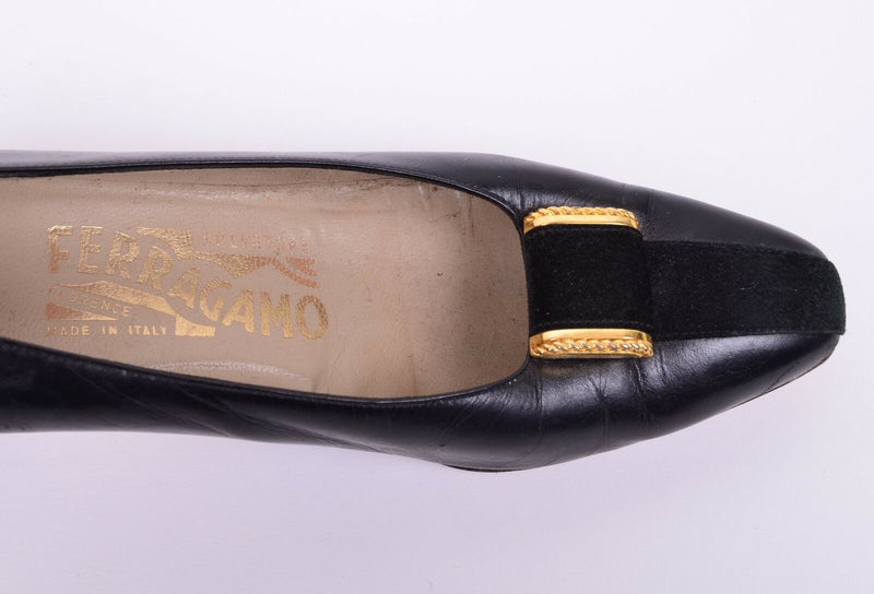 Authentic Salvatore Ferragamo 5.5 AA Narrow Black Leather Pumps Heels Bow 33851