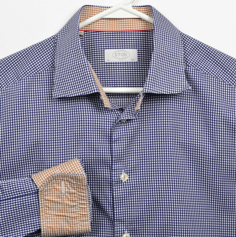 Eton Men's 16.5/42 Slim Flip Cuff Blue White Check Button-Front Dress Shirt