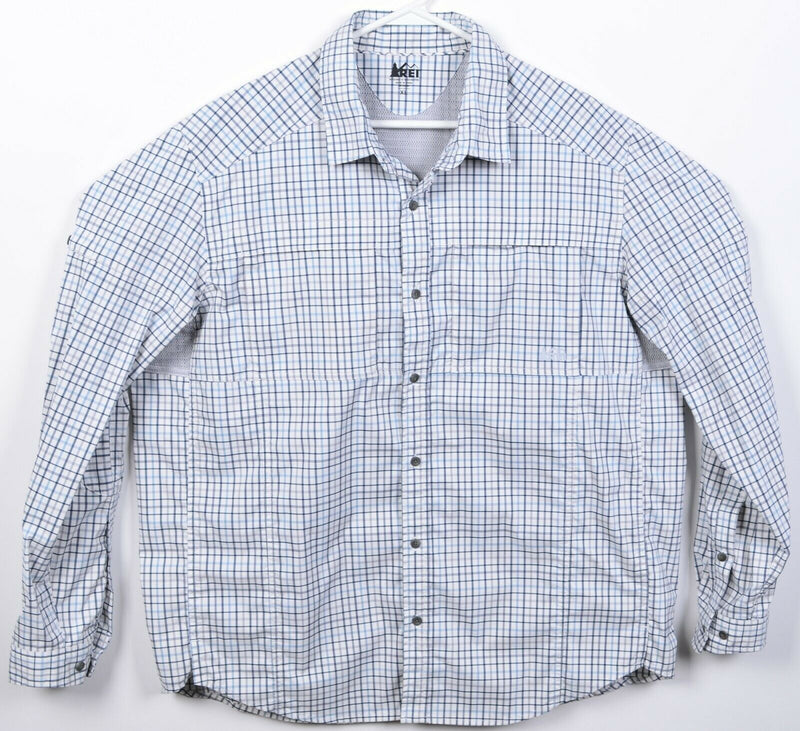 REI Men's XL Vented White Blue Plaid Hiking Travel Outdoor Button-Front Shirt