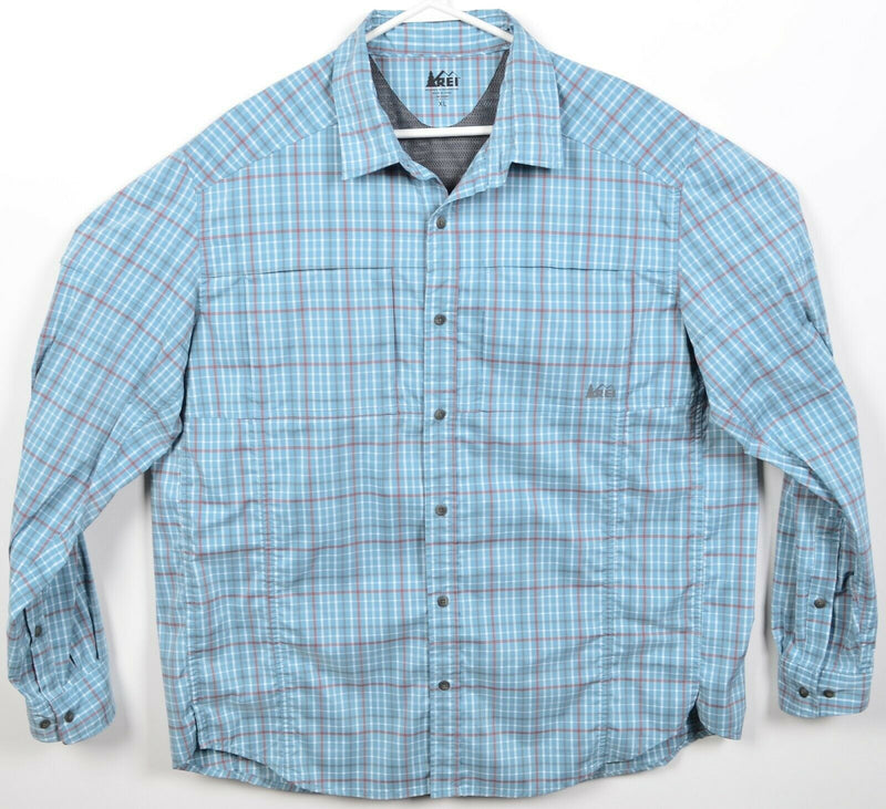 REI Men's XL Vented Blue Plaid Check Hiking Travel Wicking Button-Front Shirt