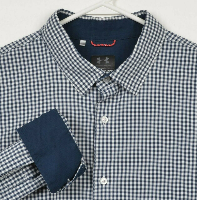 Under Armour Men's 2XL Navy Blue Gingham Check Flip Cuff Wicking Shirt