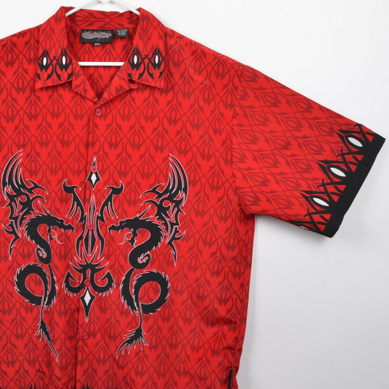 Vtg 90s Sapphire Lounge Men's Sz 2XL Red Dragon Tribal Polyester Y2K Camp Shirt