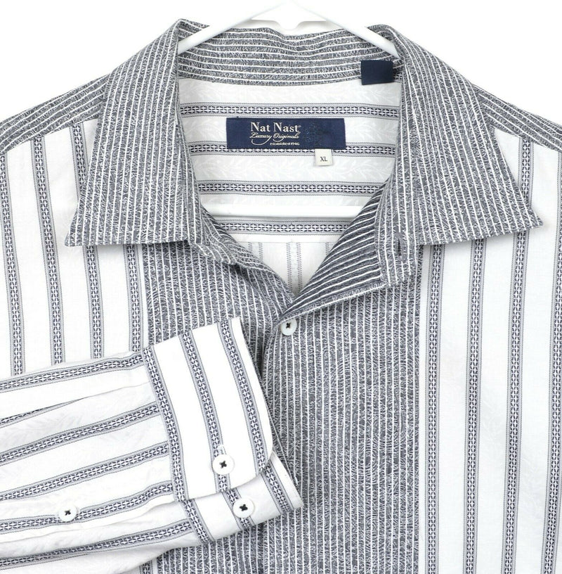 Nat Nast Men's Sz XL Gray White Geometric Striped Button-Front Shirt