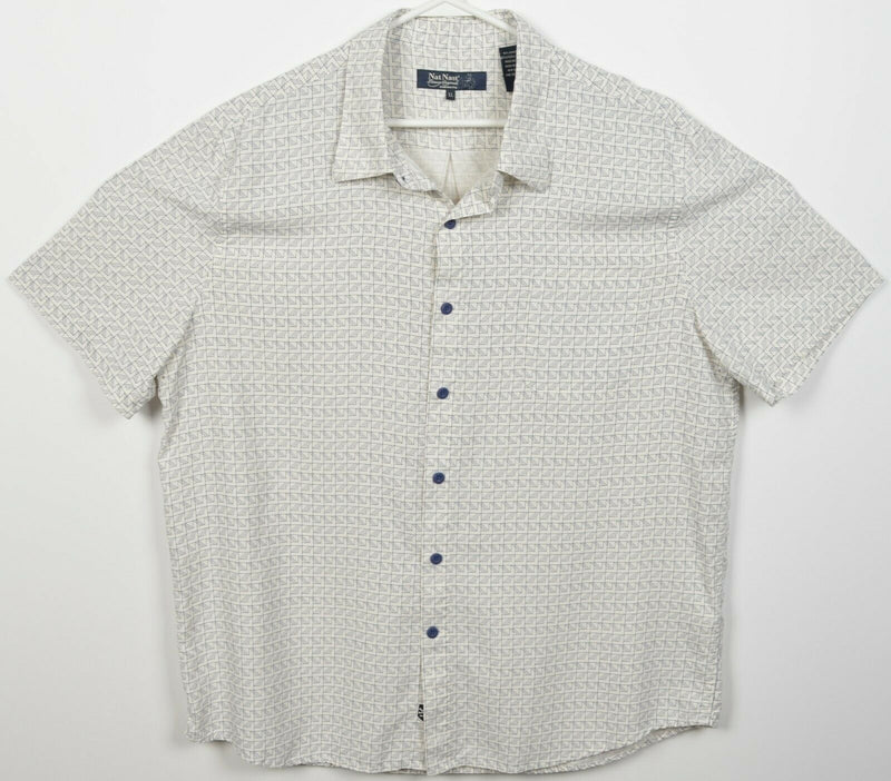 Nat Nast Men's XL Silk Blend White Blue Geometric Hawaiian Bowling Retro Shirt