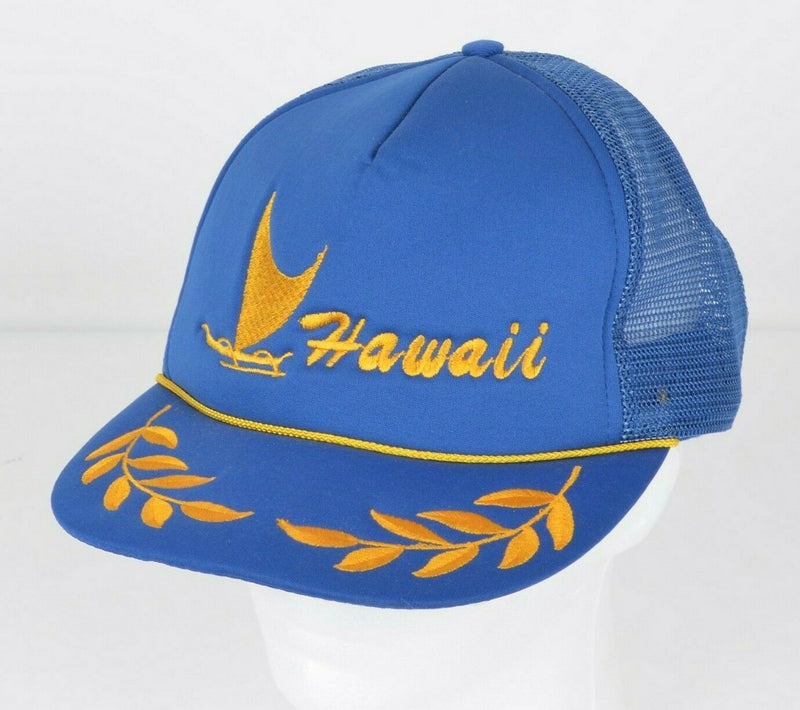 Vtg 80s Hawaii Men's Blue Gold Leaf Tourist Rope Mesh Trucker Snapback Hat