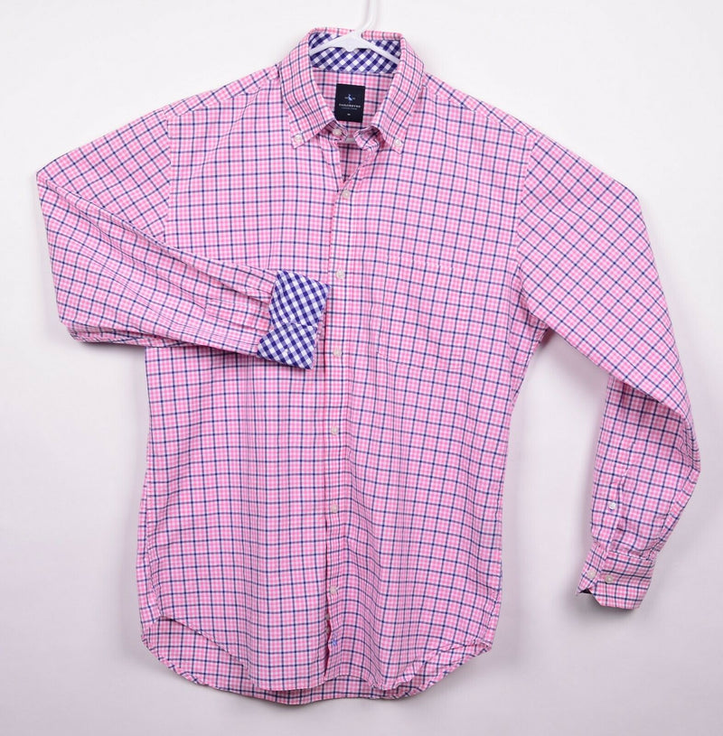 Tailorbyrd Men's Sz Medium Flip Cuff Pink Navy Plaid Check Long Sleeve Shirt