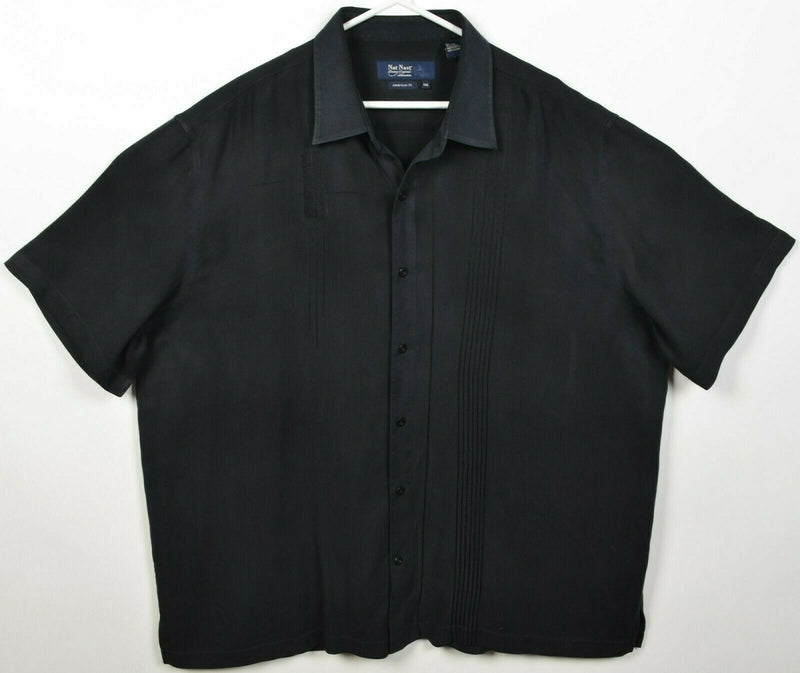 Nat Nast Men's 2XL100% Silk Black Geometric Stitch Hawaiian Bowling Retro Shirt