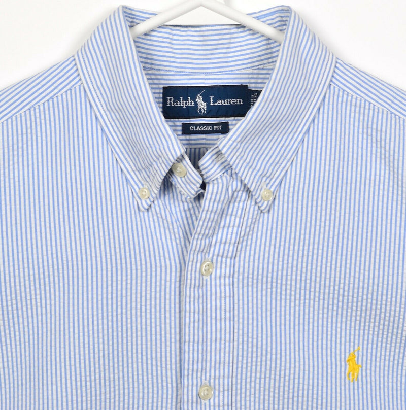 Polo Ralph Lauren Men's Large Classic Seersucker Blue Striped Button-Down Shirt