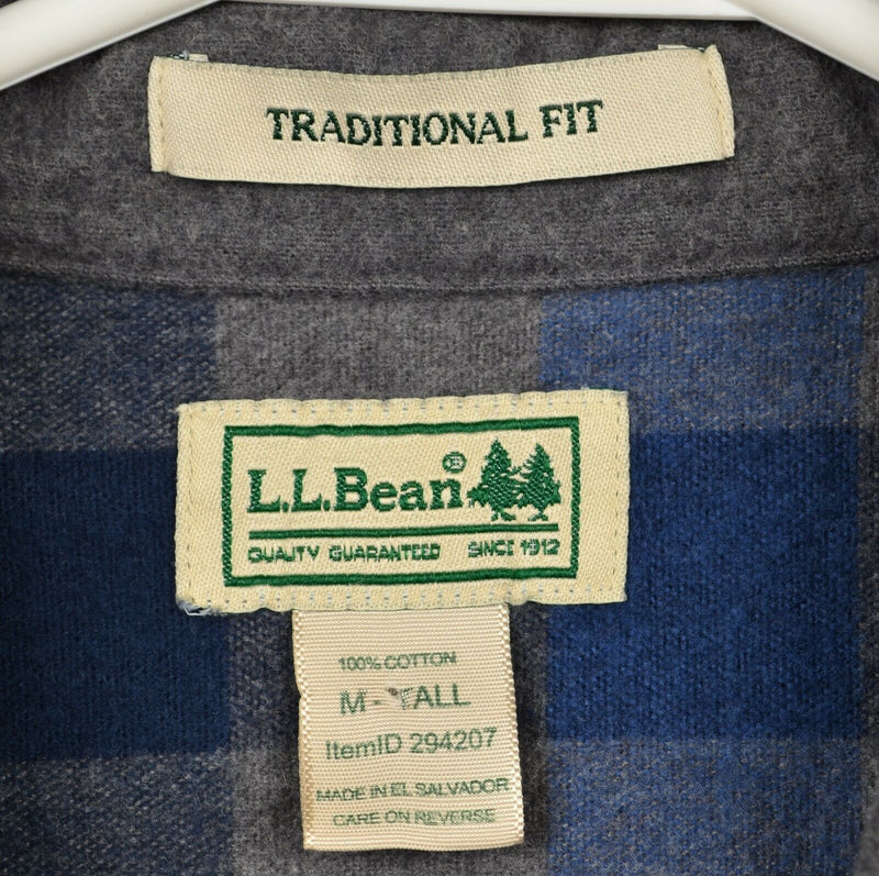 LL Bean Men's Medium Tall Traditional Fit Blue Gray Plaid Flannel Shirt