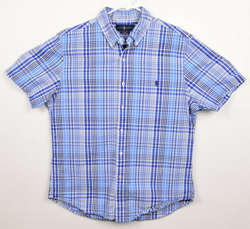 Polo Ralph Lauren Men's Sz Large Slim Fit Seersucker Blue White Plaid S/S Shirt