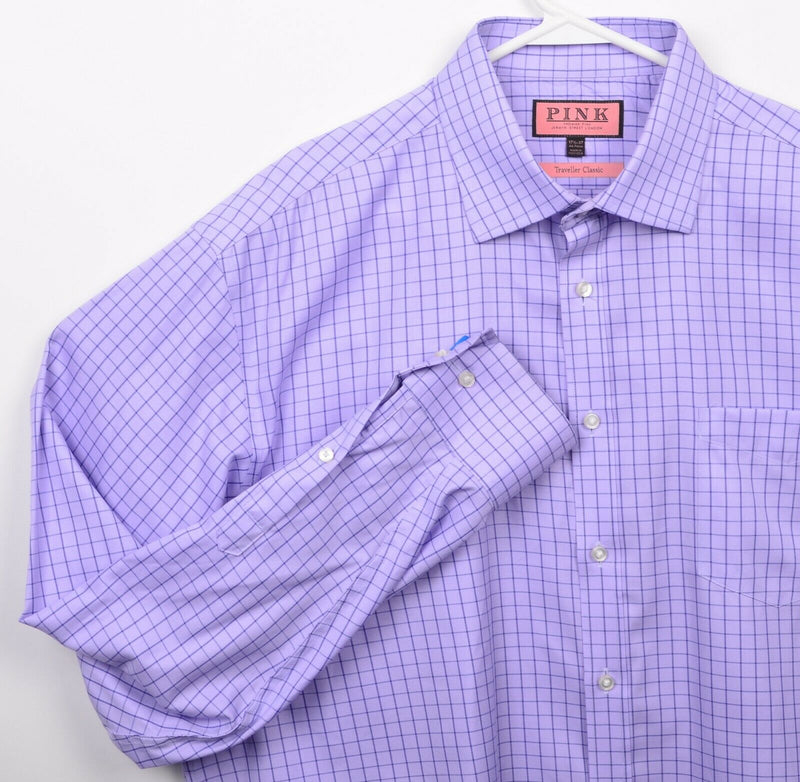 Thomas Pink Men 17.5-37 Traveller Classic Purple Plaid Button-Front Dress Shirt