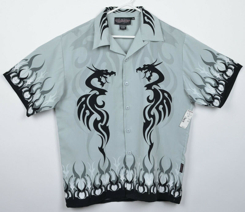 Sapphire Lounge Men's Medium Dragon Flames Polyester Y2K Camp Shirt