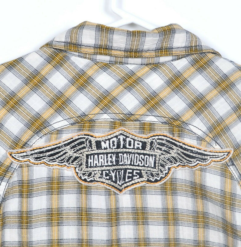 Harley-Davidson Women's Medium Pearl Snap Yellow Plaid Winged Logo Biker Shirt