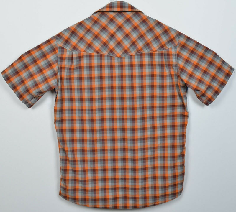 Stio Men's Small Pearl Snap Orange Gray Check Nylon Wicking Western Shirt