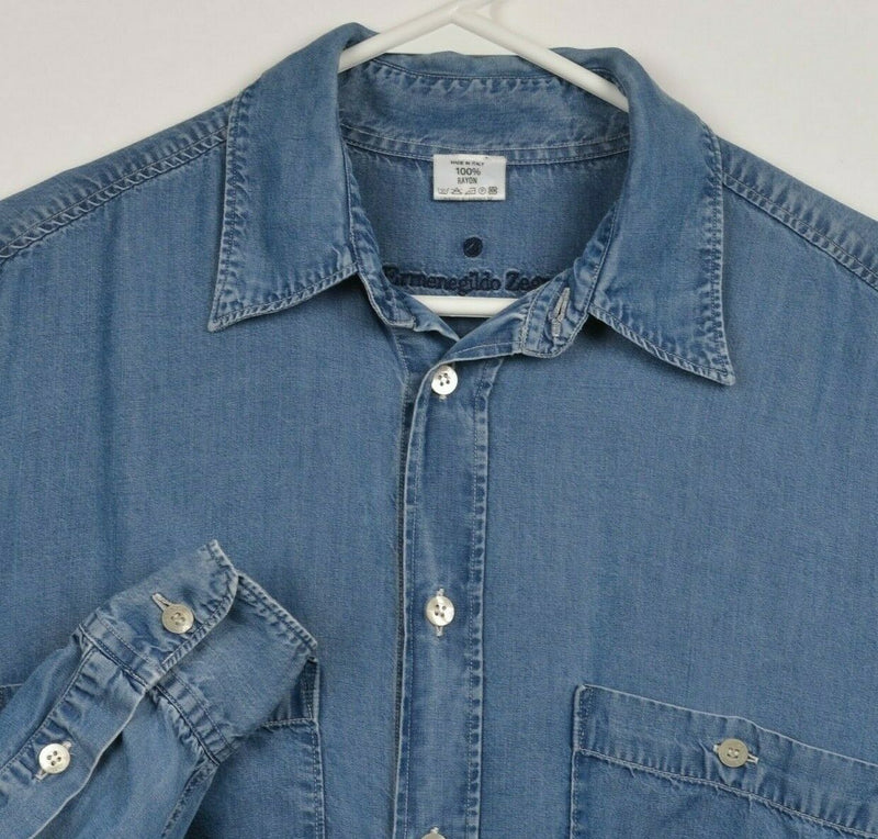 Ermenegildo Zegna Men's Medium Rayon Blue Denim-Style Italy Button-Front Shirt