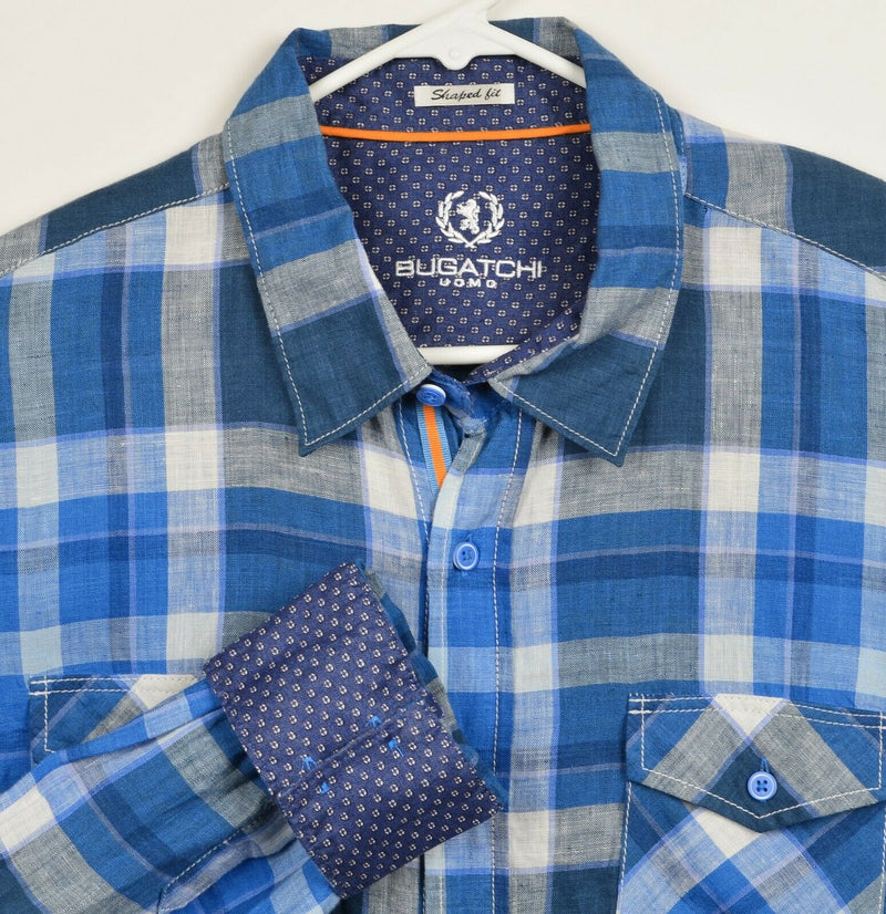 Bugatchi Uomo Men's 2XL Shaped Fit 100% Linen Flip Cuff Blue Plaid L/S Shirt