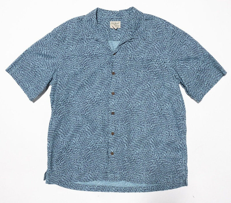 L.L. Bean Tropics Shirt Large Men's Fish Print Hawaiian Blue Loop Collar Camp