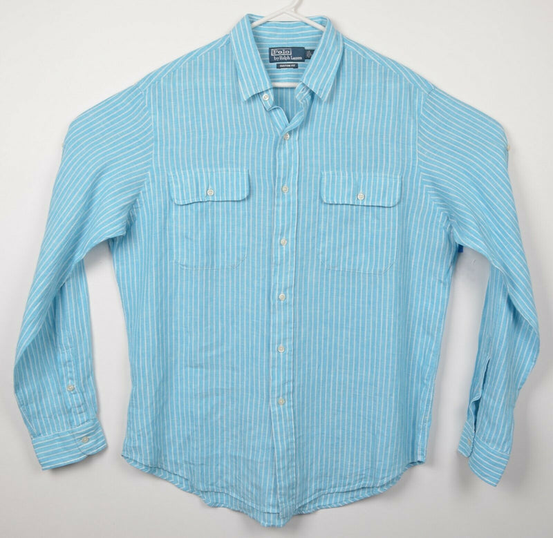 Polo Ralph Lauren Men's Large 100% Linen Aqua Blue Button-Front Shirt