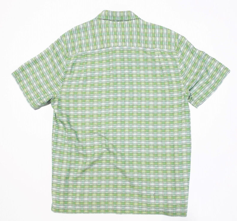 Tommy Bahama Silk Shirt Medium Men's Hawaiian Green Check Plaid Aloha Camp