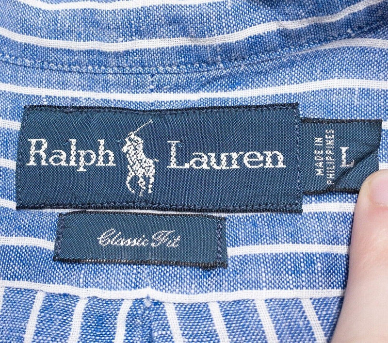 Polo Ralph Lauren Linen Shirt Large Classic Fit Men's Blue Striped Button-Down