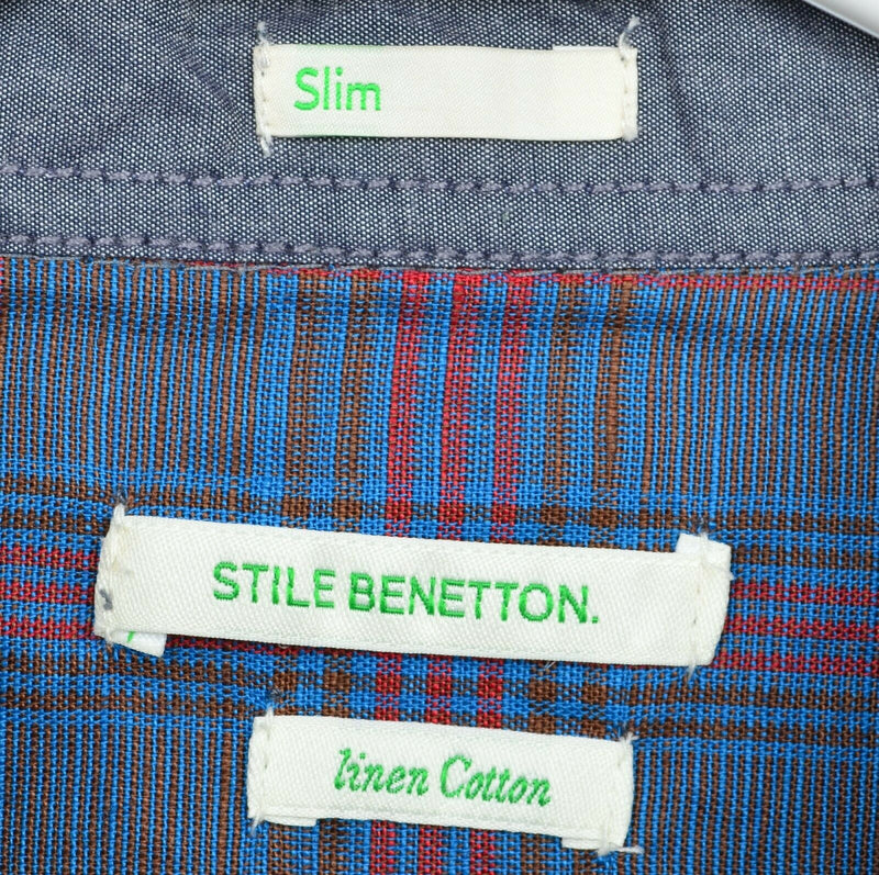 Stile Benetton Men's Medium Slim Linen Blend Flip Cuff Logo Blue Plaid Shirt