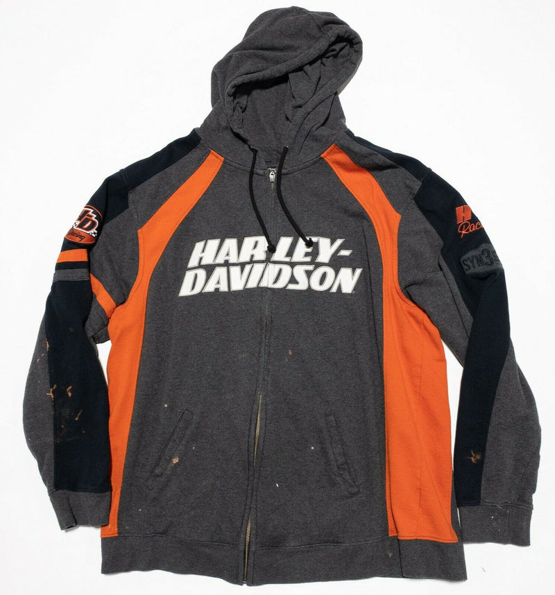 Harley-Davidson Racing Full Zip Hooded Sweatshirt Men's 2XL Gray Orange STAINED