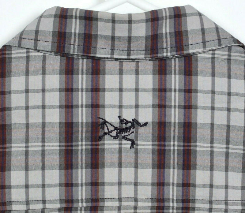 Arc'teryx Men's Large Gray Burgundy Plaid Cotton Blend Hiking Button-Front Shirt