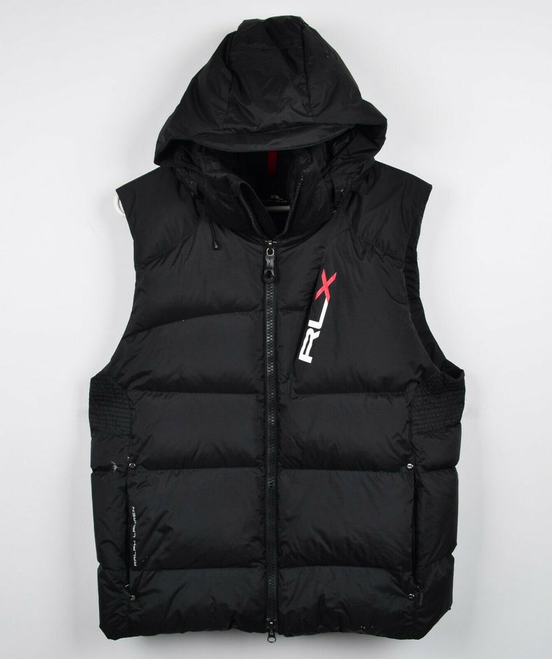 RLX Ralph Lauren Men's Medium Goose Down Black Logo Hooded Full Zip Puffer Vest