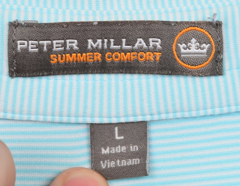 Peter Millar Men's Sz Large Summer Comfort Aqua Blue Striped Golf Polo Shirt