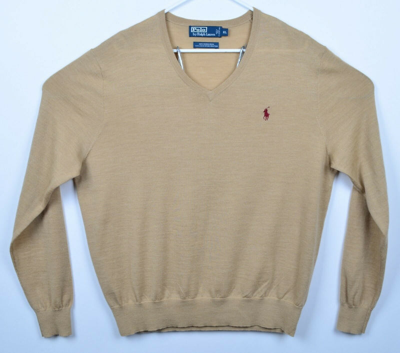 Polo Ralph Lauren Men's Sz XL 100% Merino Wool Cream V-Neck Pullover Sweater