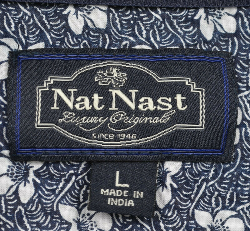 Nat Nast Men's Large Floral Navy Blue White Hawaiian Casual Button-Front Shirt