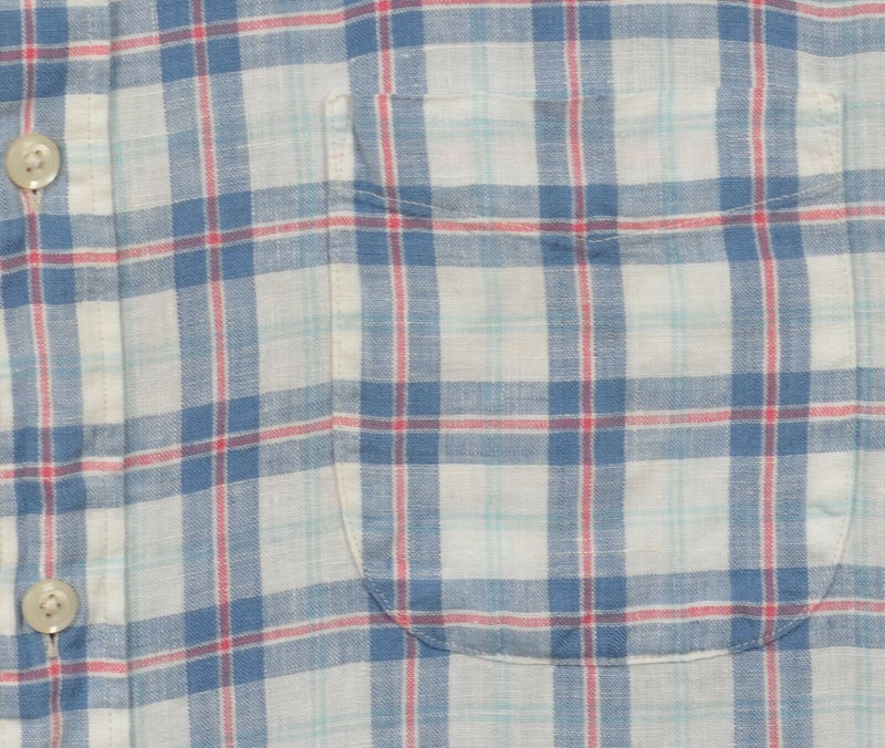 Faherty Men's XL 100% Linen Blue Red White Plaid Preppy Button-Front Shirt