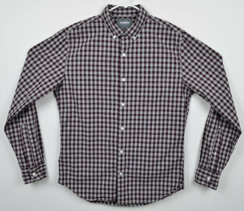 Bonobos Men's Medium Slim Fit Burgundy Gray Plaid Check Button-Down Shirt