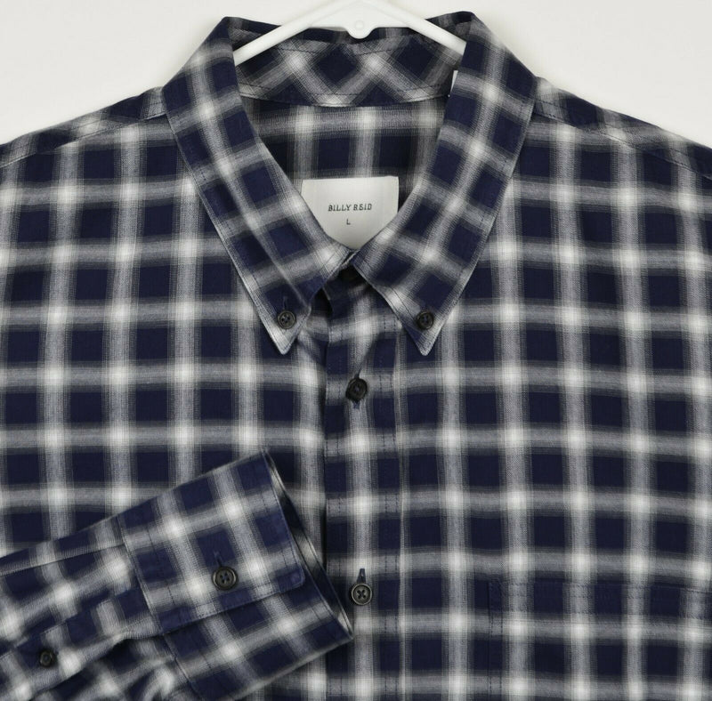 Billy Reid Men's Large Standard Navy Blue Gray Plaid Button-Down Shirt